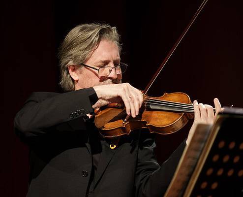 Violinista professionista che suona il violino durante un concerto dal vivo.